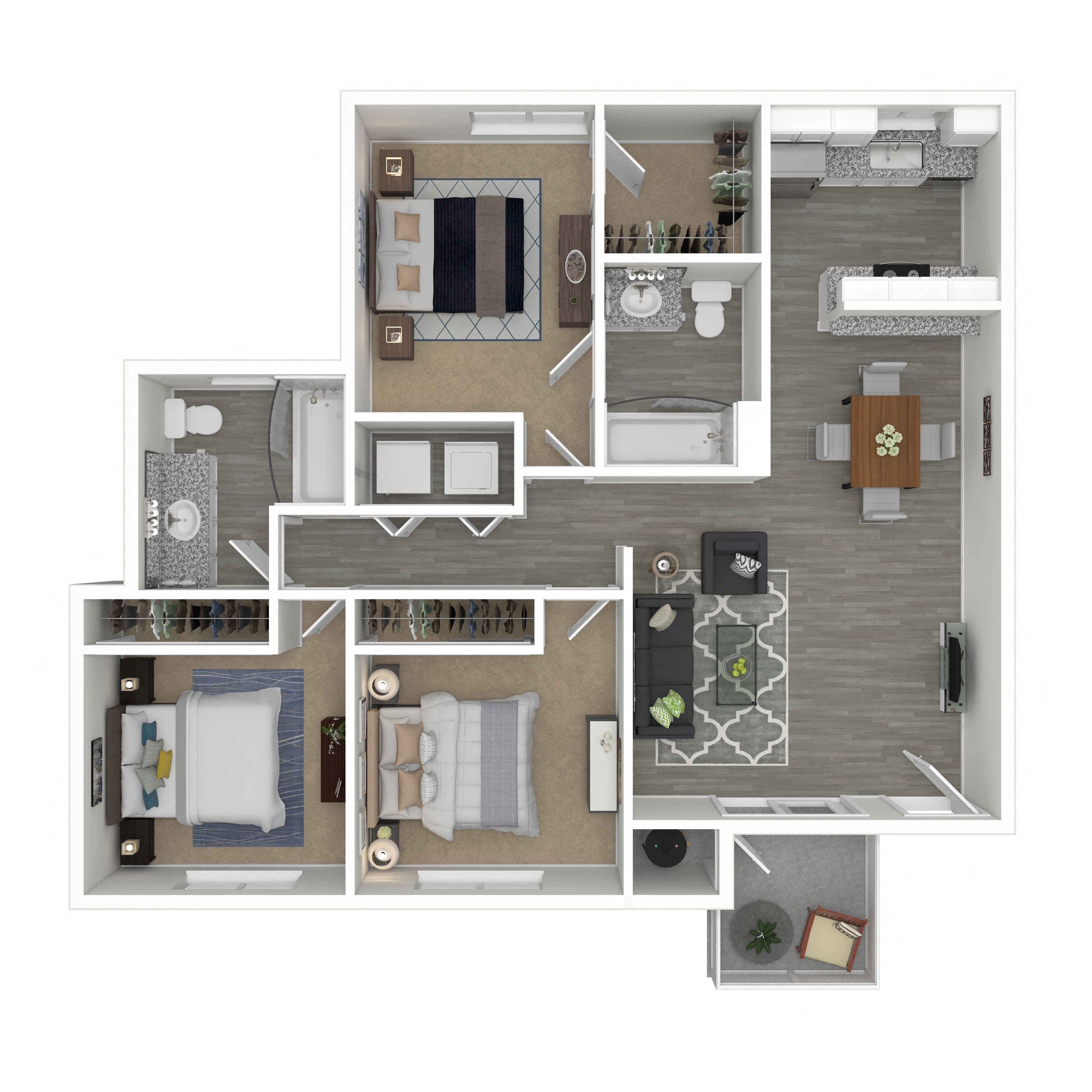 Floor plan for 3 beds, 2 baths, 1115 sqft